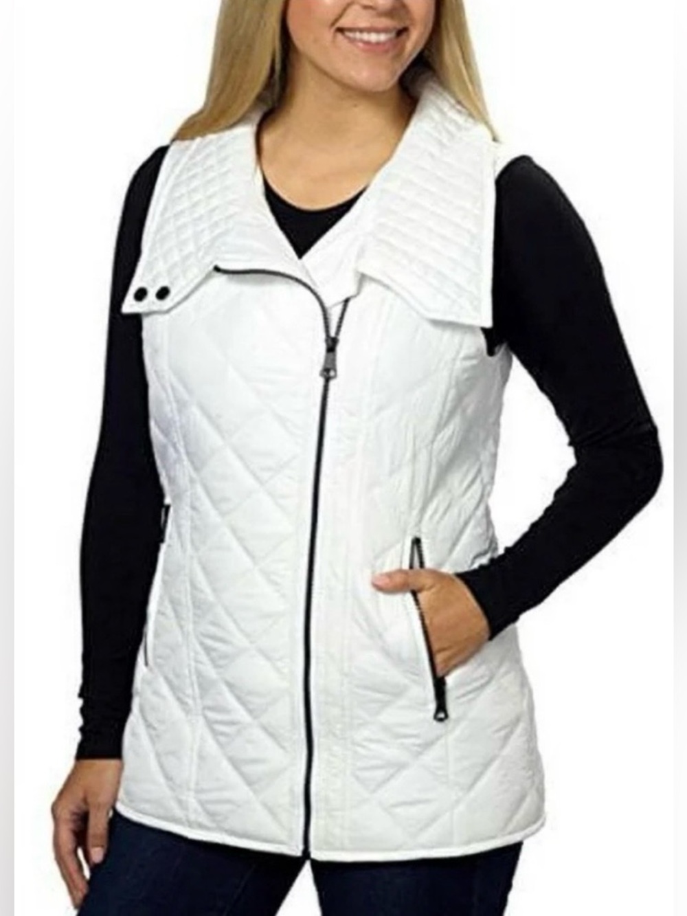 Andrew Marc White Quilted Women's Vest with Wide Collar